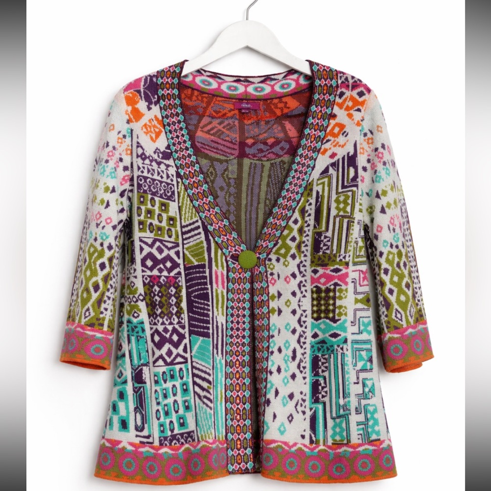 Ivko Multicolor Patchwork Knit Cardigan Boho Geometric Cotton Sweater M 38